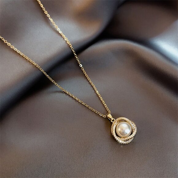 3/$35 Titanium Steel Pearl Necklace Gold Dainty Crystal Zirconia Pendant Jewelry - Picture 1 of 6